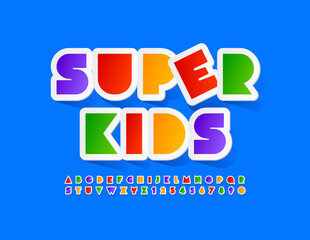 Vector bright banner Super Kids. Colorful sticker Font. Abstract style Alphabet Letters and Numbers set