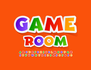 Vector bright sign Game Room. Colorful comic Font. Creative sticker Alphabet Letters and Numbers set