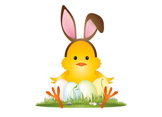 niedliches flauschiges Küken mit bunten Ostereier und Hasenohren 