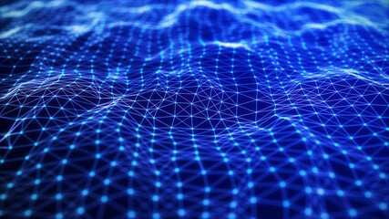 Abstract wave with moving dots and lines. Flow of particles. Cyber technology illustration. 3d rendering