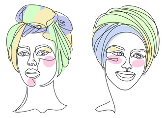 Collection. Silhouettes of the girl's head. Lady in a turban, scarf. Woman face in modern one line style. Solid line, contour for decor, posters, stickers, logo. Vector illustration set.