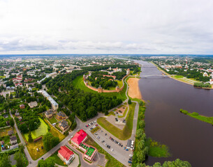 View of the beautiful ancient Veliky Novgorod, the old part of the city and the Kremlin in summer from a height.