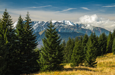 Polish Tatra mountains view with now on top of the peaks