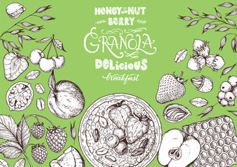 Granola ingredients illustration. Oat flakes , berries, fruits and nuts hand drawn sketch. Breakfast top view frame. Morning food menu design. Hand drawn vector illustration.