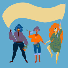 International Women's Day banner, poster. Equality of rights. Female characters showing banner. Freedom. Equality. Sisterhood. Vector illustration. Space for your text.
