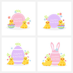 Set of easter cards with cute little chickens and flowers.