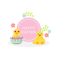 Easter card with cute little chickens and flowers.