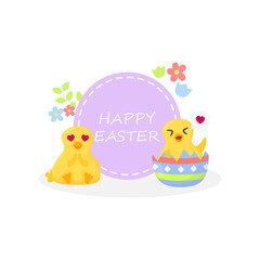 Easter card with cute little chickens and flowers.