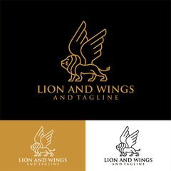 Lion with wings logo design template. Linear premium vector logotype.