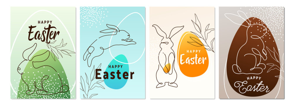 Happy easter greeting poster set background. Line style bunny with egg and greeting text sign in simple whimsical memphis modern flat style