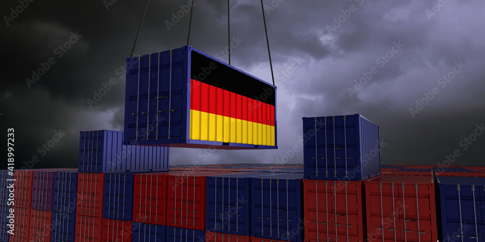 Wall mural a freight container with the german flag hangs in front of many blue and red stacked freight contain