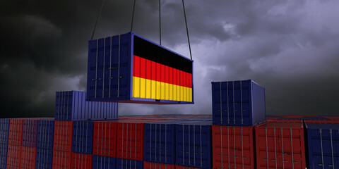 A freight container with the german flag hangs in front of many blue and red stacked freight containers - concept trade - import and export - 3d illustration