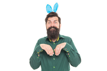 bearded man wear funny bunny ears on easter holiday isolated on white, easter bunny