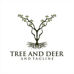 Fototapeta premium Deer Tree Leaves Forest Logo Vector icon, Deer leaf antlers logo design.