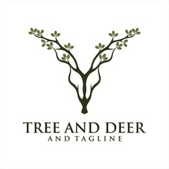 Obraz premium Deer Tree Leaves Forest Logo Vector icon, Deer leaf antlers logo design.
