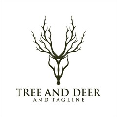 Obraz premium Deer Tree Leaves Forest Logo Vector icon, Deer leaf antlers logo design.