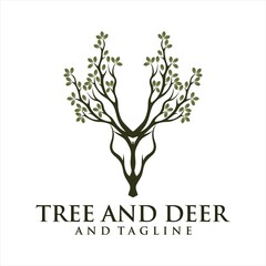 Obraz premium Deer Tree Leaves Forest Logo Vector icon, Deer leaf antlers logo design.