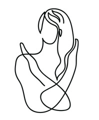 One line drawing of woman keeps two arms crossed.
One continuous line drawing of stop or ban gesture concept.
