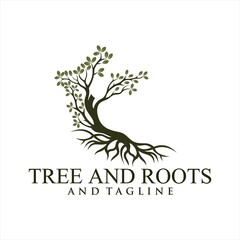 Oak tree logo illustration. Vector silhouette of a tree, Root Of The Tree logo illustration. Vector silhouette of a tree.