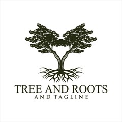 Obraz premium Oak tree logo illustration. Vector silhouette of a tree, Root Of The Tree logo illustration. Vector silhouette of a tree.