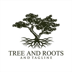 Obraz premium Oak tree logo illustration. Vector silhouette of a tree, Root Of The Tree logo illustration. Vector silhouette of a tree.