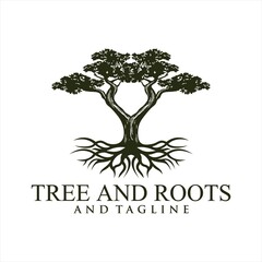Oak tree logo illustration. Vector silhouette of a tree, Root Of The Tree logo illustration. Vector silhouette of a tree.