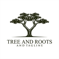 Obraz premium Oak tree logo illustration. Vector silhouette of a tree, Root Of The Tree logo illustration. Vector silhouette of a tree.