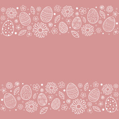 Concept of Easter background with hand drawn eggs and flowers. Vector