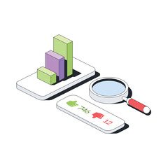 Analytics statistics, social networks, likes, search. Vector 3d line isometric, color web icons, new flat style. Creative illustration, design idea for infographics.