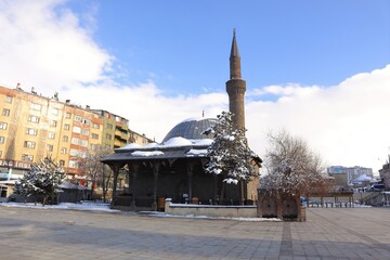 Erzurum, Turkey 03. 08. 2021
Snow and ice on the mosque (Turkish: Narmanlı Camii)  Travel Turkey....