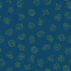 Seamless pattern of patterned buttons on a blue background. Children's drawing curly buttons
