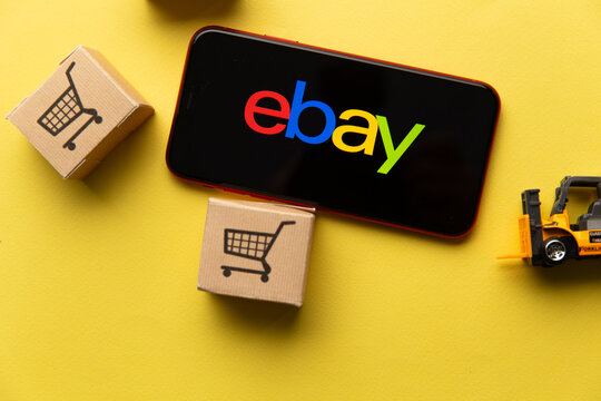 Tula, Russia - January 26, 2021: Ebay logo on iPhone display