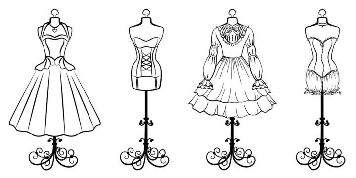 Set of retro tailor's mannequins with vintage dresses. Linear drawing minimalism clothes on a hanger