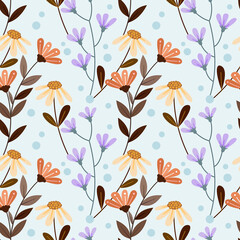 Cute flowers on a light blue color seamless pattern for fabric textile background.