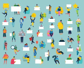 Fototapeta premium Set of people, men and women with different signs - book, work on laptop, search with magnifier, communicate.