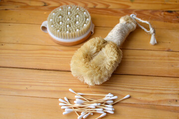 Body skin care. Natural bristle brushes, sea salt, body scrub, natural stone roller, brush on...