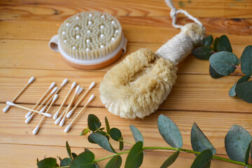 Body skin care. Natural bristle brushes, sea salt, body scrub, natural stone roller, brush on...