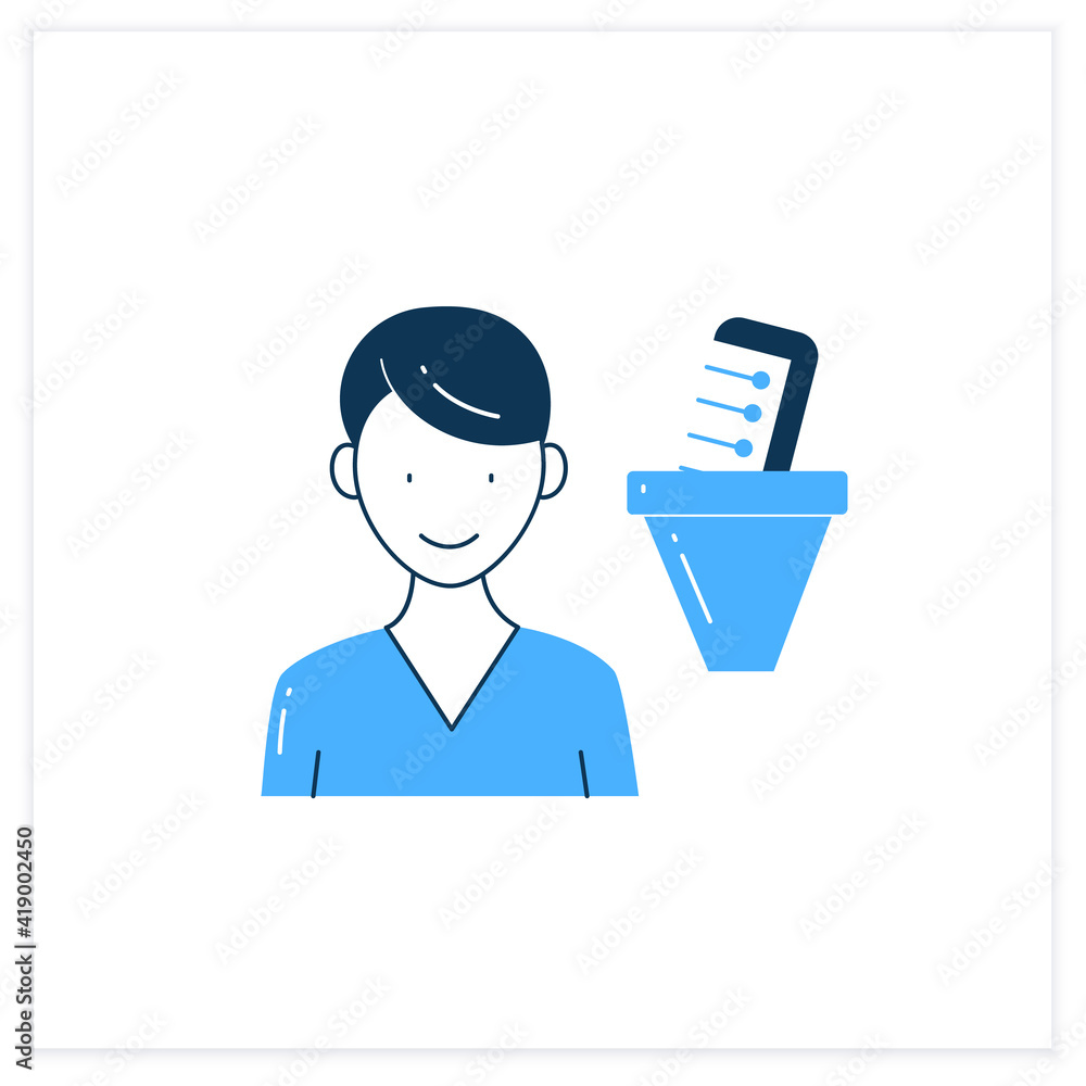 Poster information filtering system flat icon. filtering information, searching for truthful info.informati