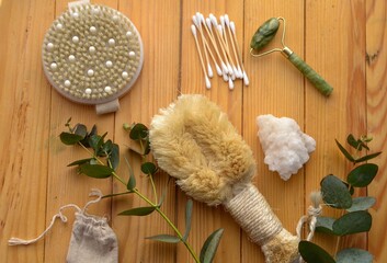 Body skin care. Natural bristle brushes, sea salt, body scrub, natural stone roller, brush on...