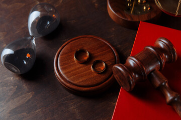 Judge's gavel on book and rings. Divorce concept.