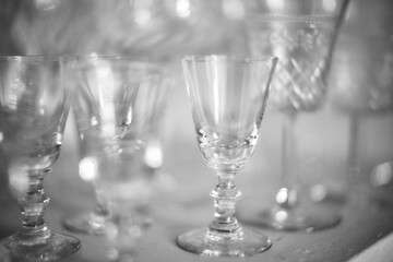 They are transparent. Defocused background with empty wine glasses. Close up. Black and white.