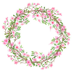 Round frame made of pink flowers. Watercolour. The images are hand-drawn and isolated on a white background.