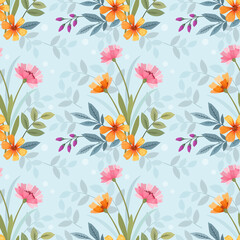 Pink and orange flowers on a light blue color seamless pattern for fabric textile background.