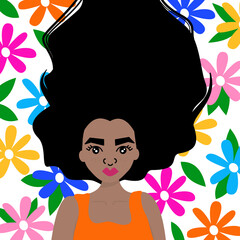 cute beautiful black woman portrait with colorful flowers vector illustration