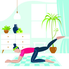 Vector illustration - a pretty young woman in a shirt and leggings performs physical exercise while doing fitness at home in the room on a mat. Concept - stay at home and live a healthy lifestyle