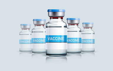Realistic glass ampoule with Vaccine isolated on a gray background. Vaccination and immunization concept