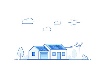 Modern House with Solar Panels on the Roof. Eco House, Energy Effective House, Green Energy concept banner design. Flat style vector illustration.