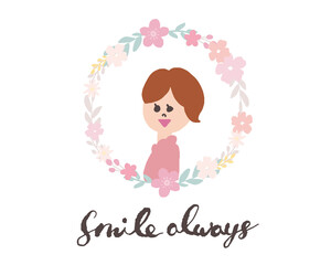 可愛らしい女性と花束アーチのイラスト　母の日　女性　ブーケ　Illustration of a pretty woman and a bouquet arch Mother's Day Women's Bouquet