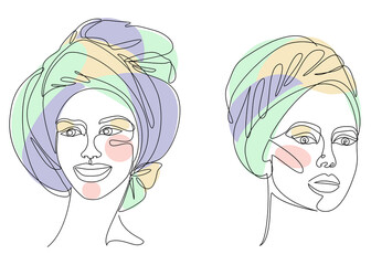 Collection. Silhouettes of the girl's head. Lady in a turban, scarf. Woman face in modern one line style. Solid line, contour for decor, posters, stickers, logo. Vector illustration set.
