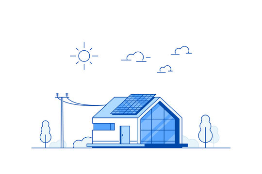 Modern House with Solar Panels on the Roof. Eco House, Energy Effective House, Green Energy concept banner design. Flat style vector illustration.